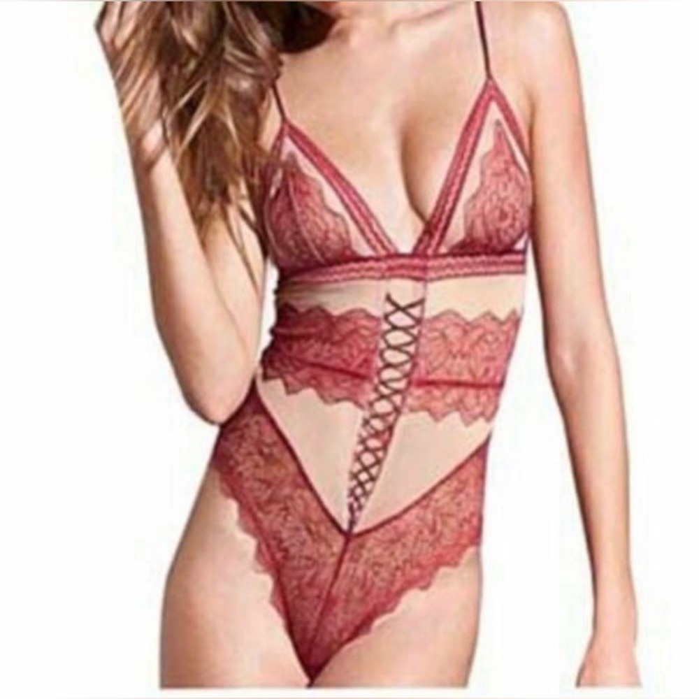 L VS Victoria’s Secret Plunge Lace Teddy wine & nude laced bodysuit
